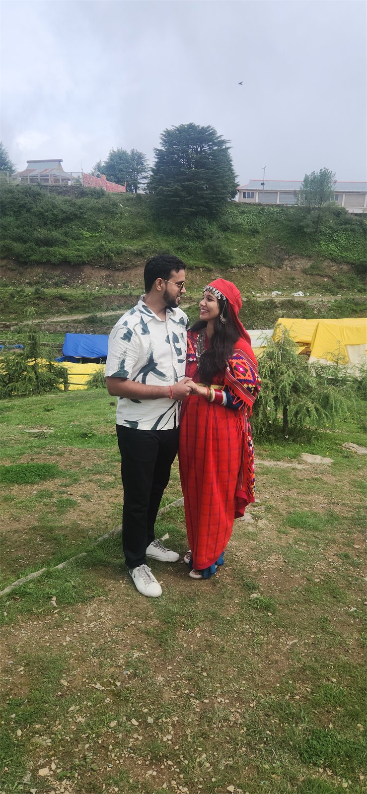 The two of us looking at each other in traditional mountain clothes